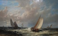 ABRAHAM HULK London 1813 - Zevenaar 1897
Kustscène met vissersboten in een stormachtige zee.
